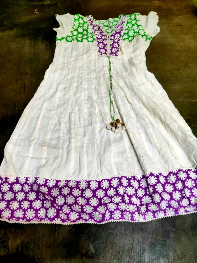 White Cotton Anarkali Kurti with Purple &amp; Green Em