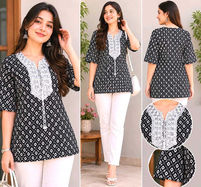 Stylish Black &amp; White Printed short kurti