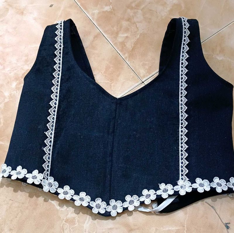 Stylish Black denim corset with Lace Trim