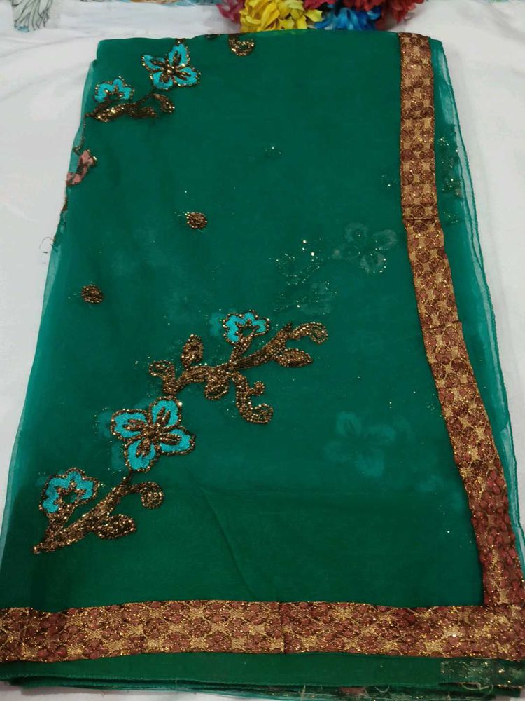 Emerald Green Embroidered Saree with blouse