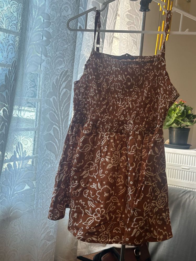 Brown Floral Smocked Mini Dress