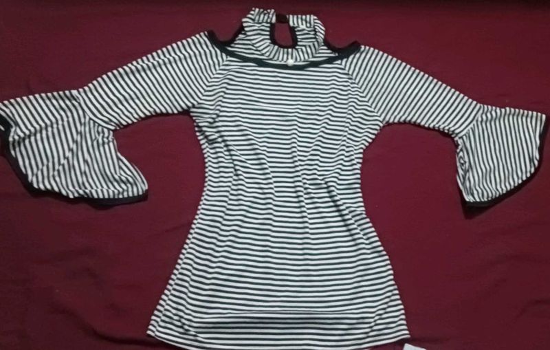 Striped Cold Shoulder Bell Sleeve Top