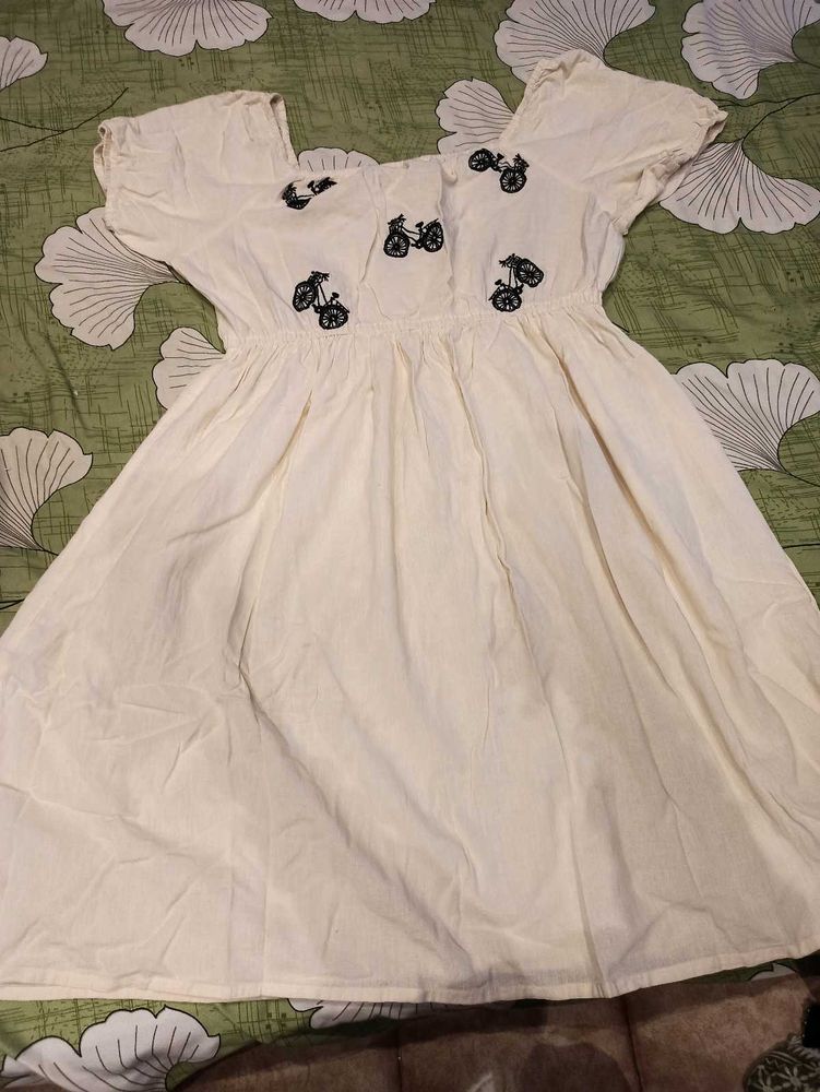 White Dress with Bike Embroidery