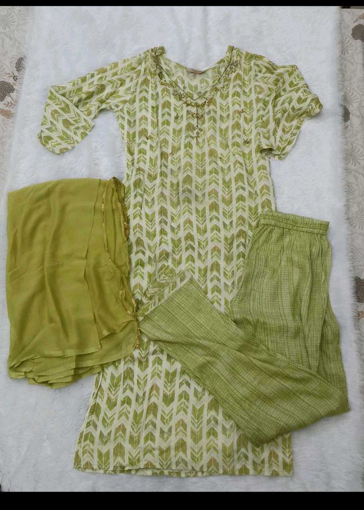 Green Printed Kurta Set with Dupatta