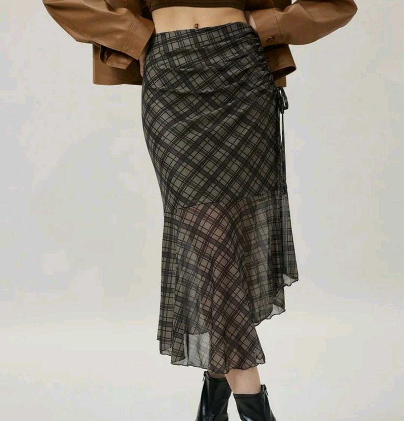 Y2K Plaid Print Ruched Midi Skirt