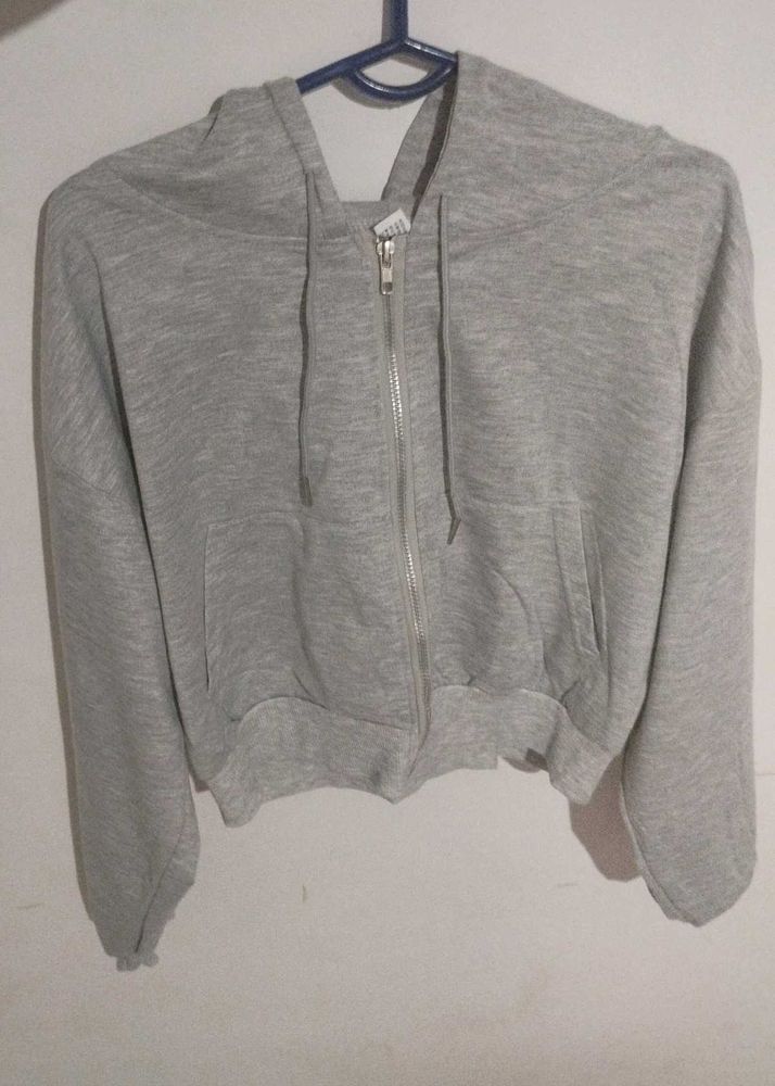 Gray Cropped Zip-Up Hoodie