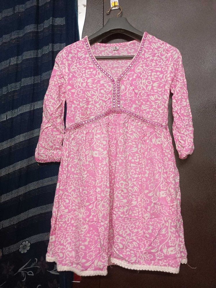 Pink Floral Print Kurta with Embellishments
