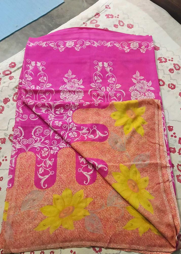 Pink &amp; Yellow Floral Chiffon Saree