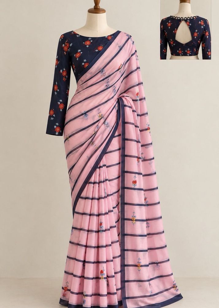 Satin  Pink Striped Saree with Floral Blous