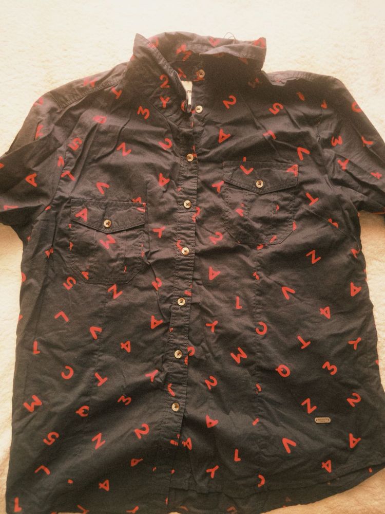 Dark Blue Printed Button-Up Shirt