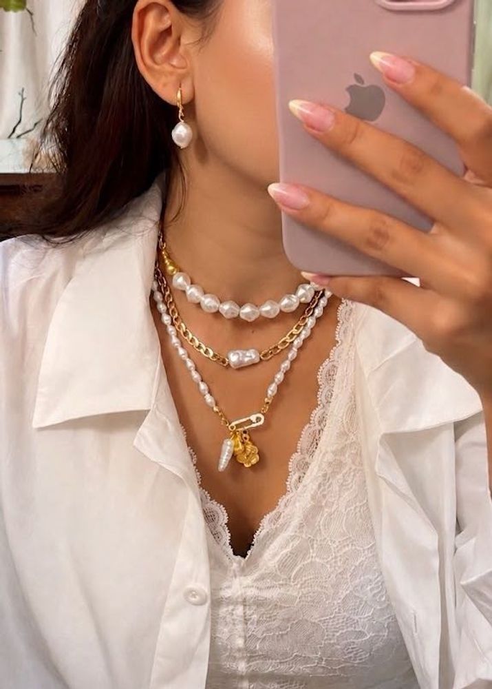 Layered Pearl &amp; Gold Charm Necklace Set