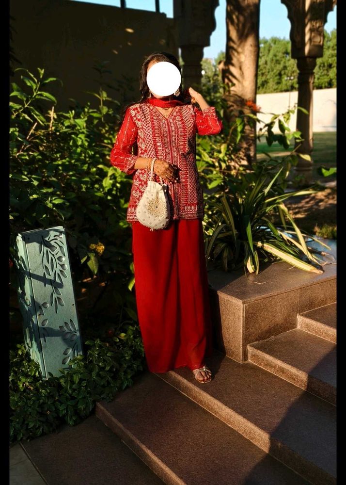 Elegant Red Kurta Set with Embellishments
