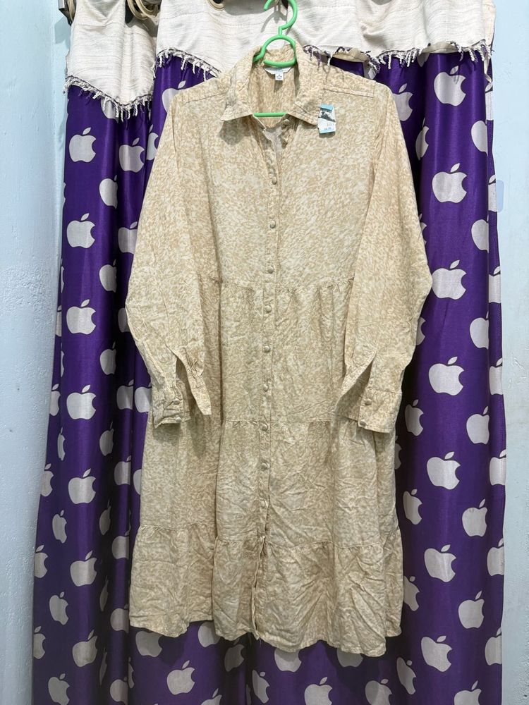 Women's Tan Floral Tiered Shirt Dress