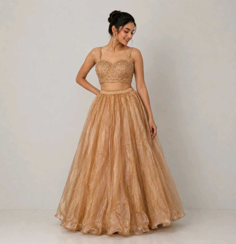 Golden Beige Embroidered Lehenga Set
