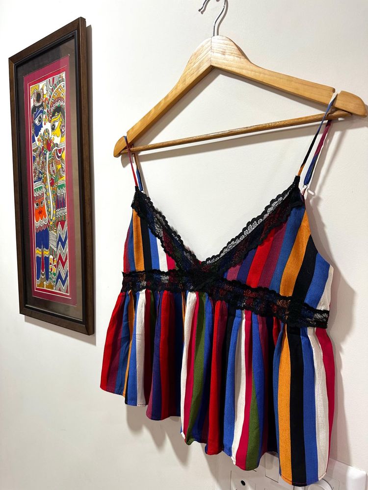 ZARA Vibrant Striped Cami Top with Lace Trim