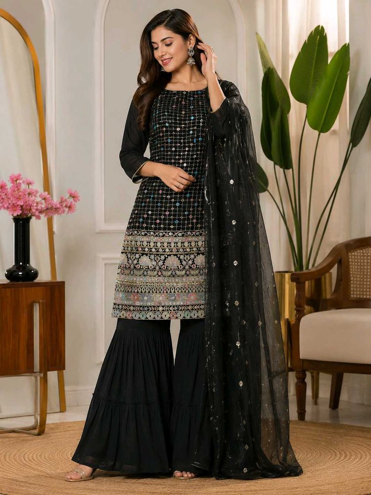 Elegant Black Sequined Kurta Sharara Set