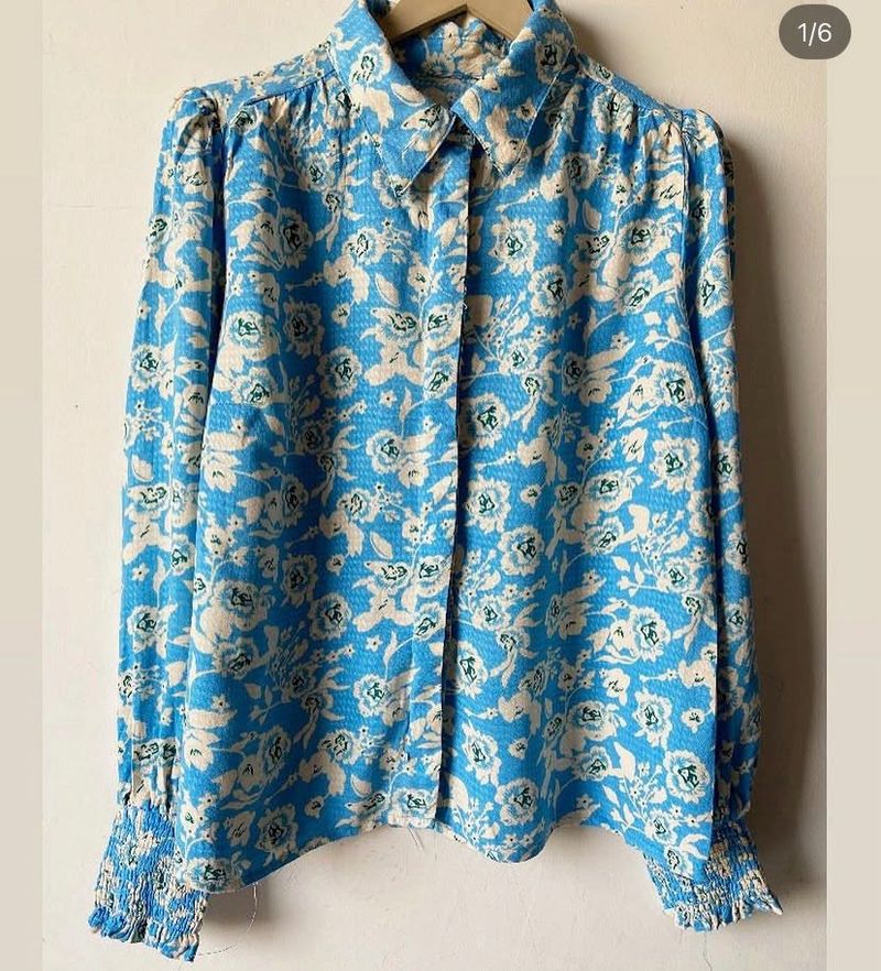 Blue Floral Print Button-Up Shirt