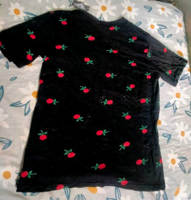 Black T-Shirt with Red Rose Print