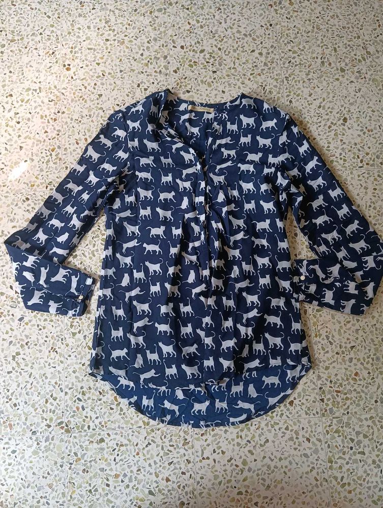 Cute Cat Print Navy Blue Top