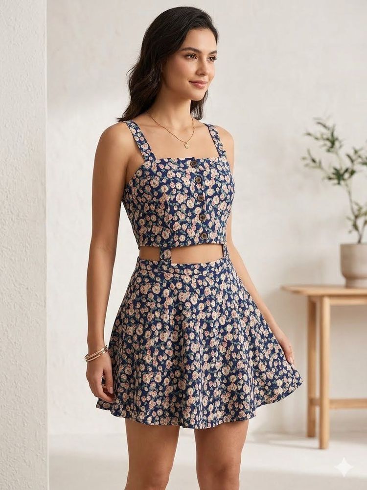 Floral Print Crop Top &amp; Skirt Set