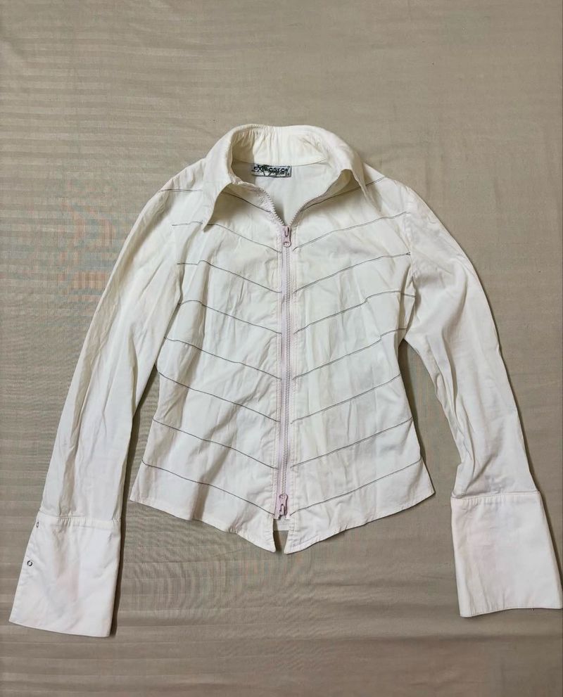 White Zip-Up Fitted Shirt