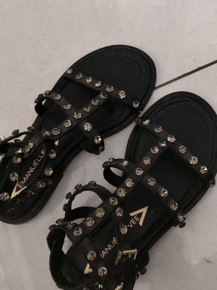 Embellished Black Flat Sandals