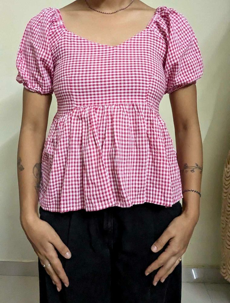 Cute Pink Gingham Puff Sleeve Top🌸