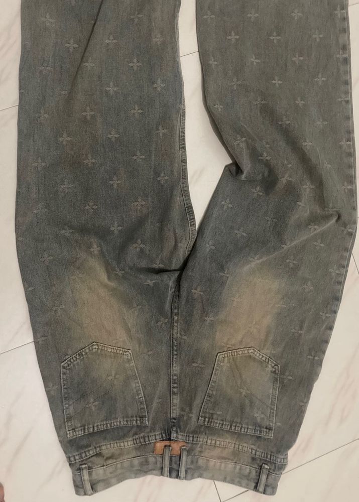 Vintage Cross Patterned Denim Jeans