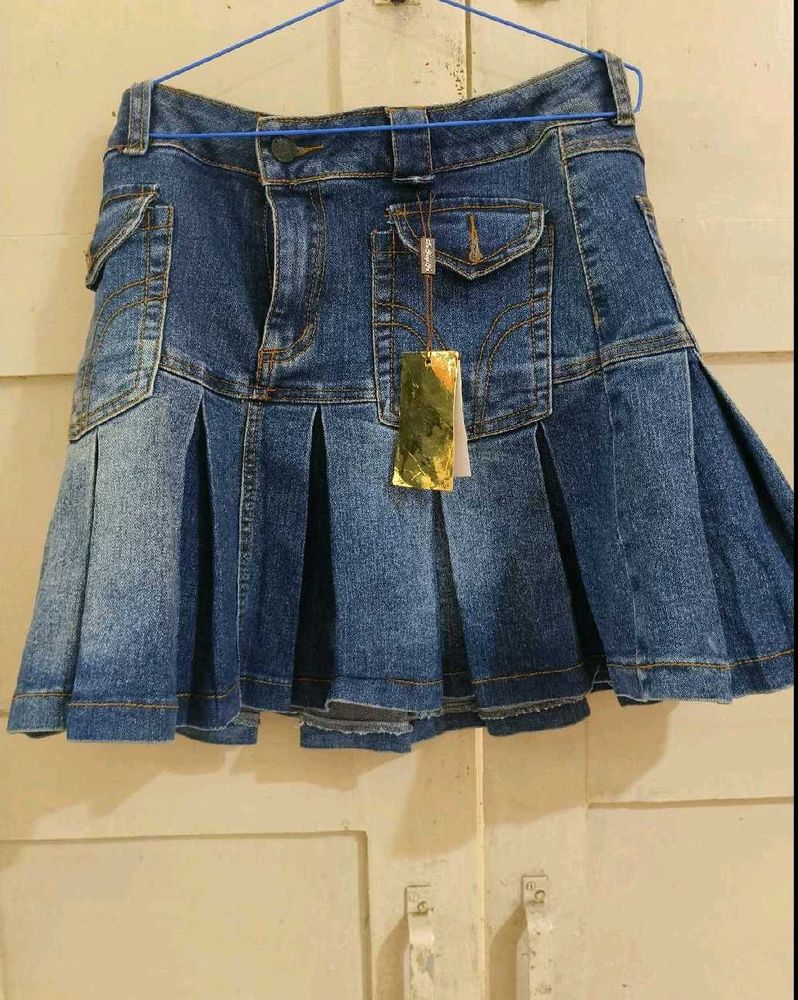 Pleated Denim Mini Skirt