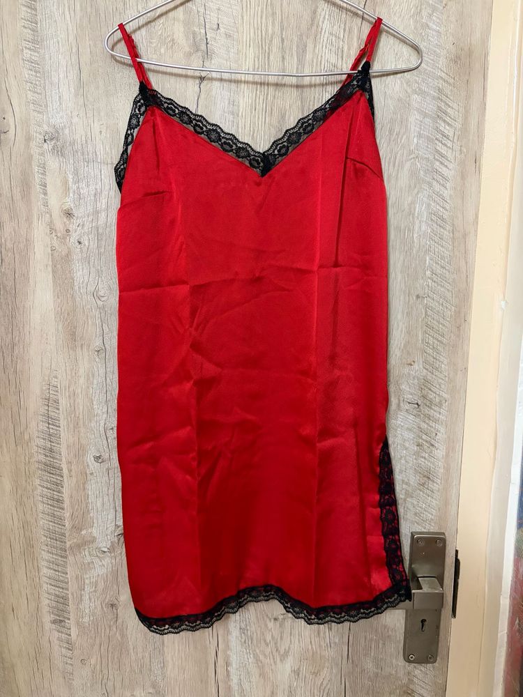 Red Satin Chemise with Black Lace Trim