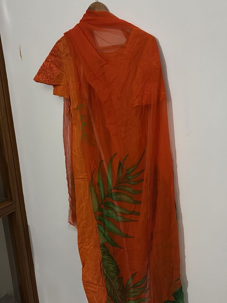 Vibrant Orange Kurta Set with Leaf Print