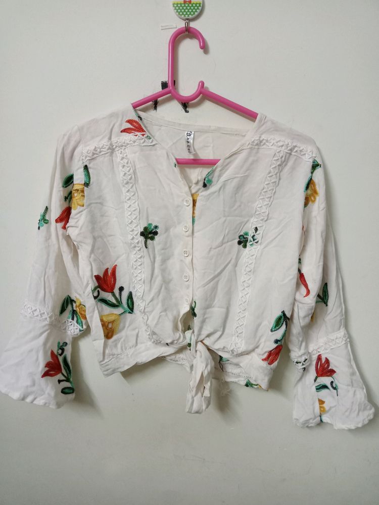 White Printed Crop Top With Bell Sized Hands
