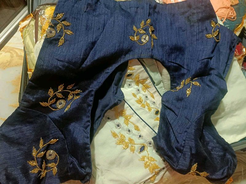 Embroidered Navy Blue Silk Blouse