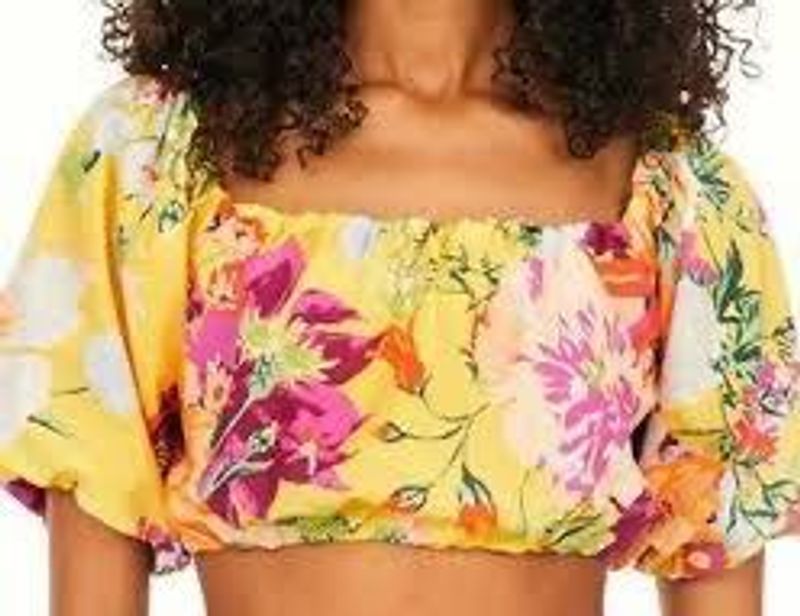 Yellow Floral Puff Sleeve Crop Top