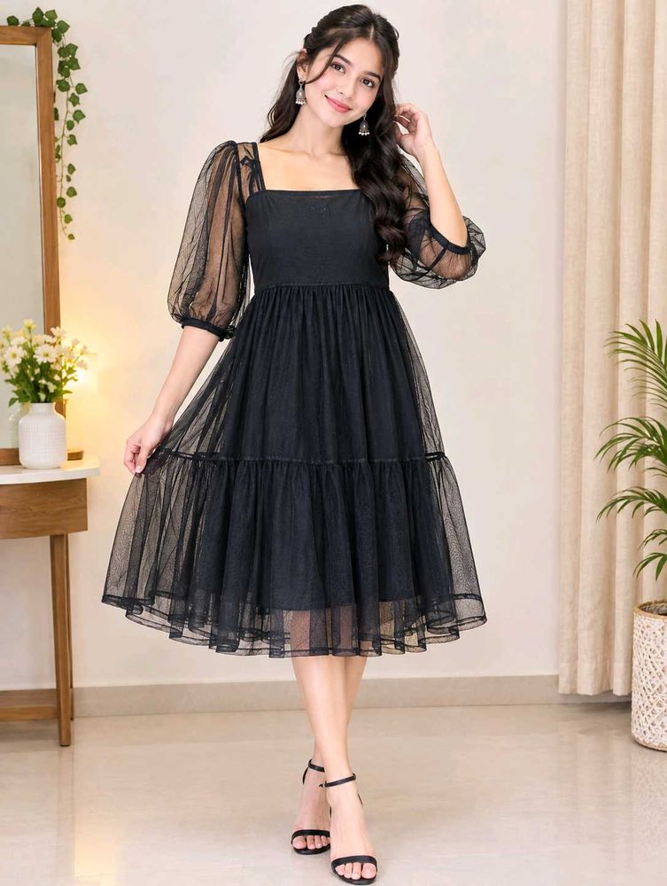 Elegant Black Mesh Puff Sleeve Dress