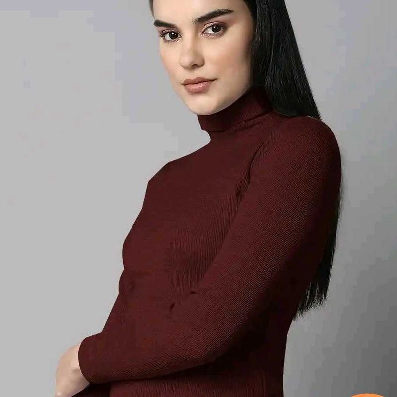 Brown Ribbed Turtleneck Top