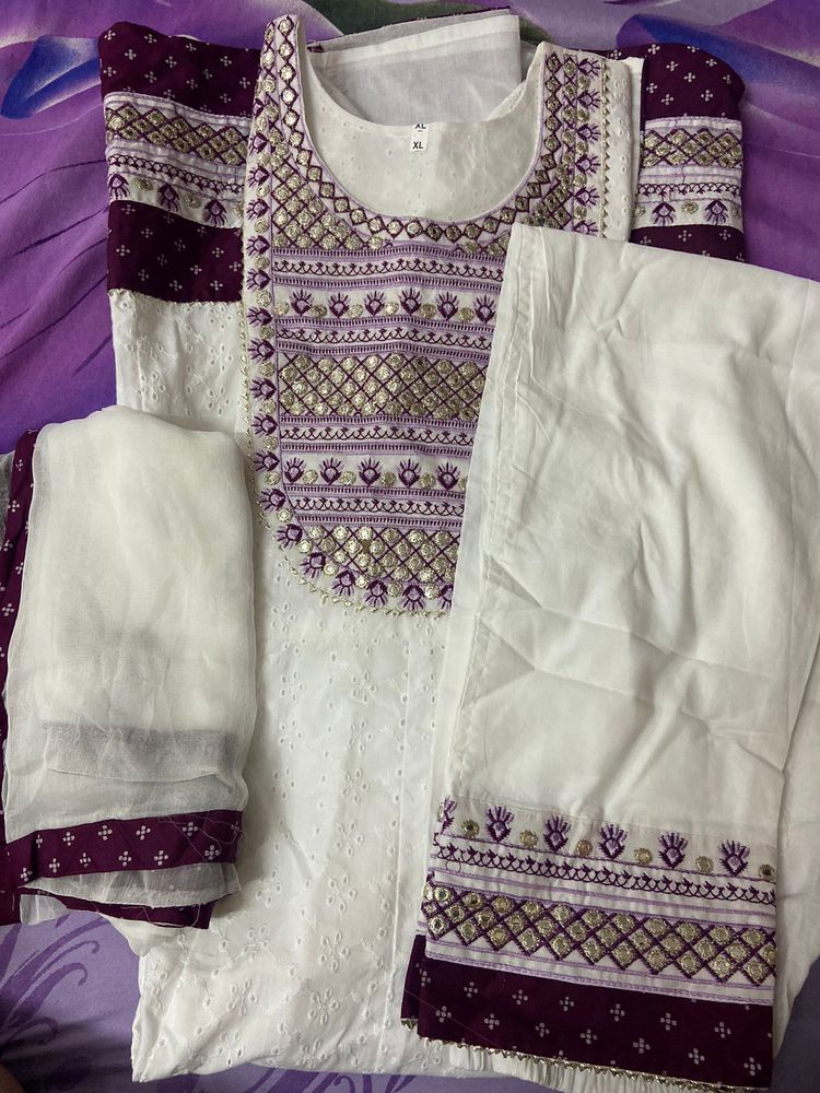 Brand New Cotton White Suit With Purple embroid