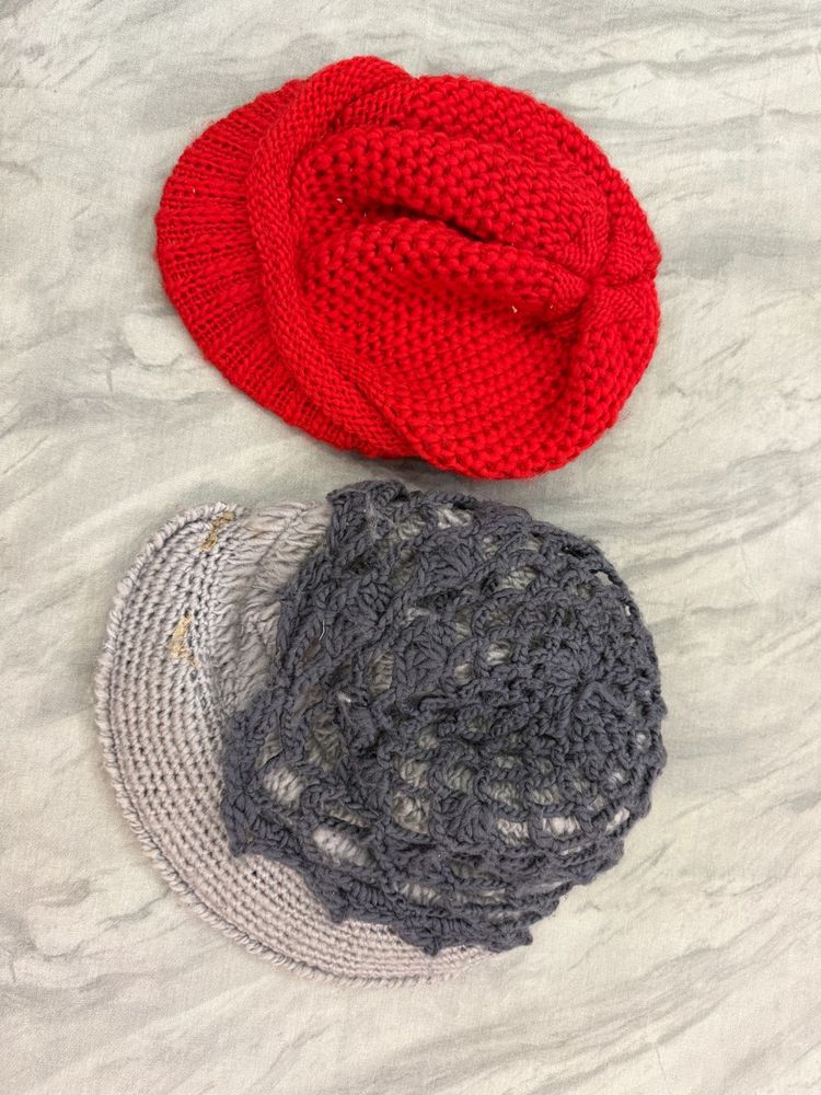 Chunky Knit Red Beret &amp; Crochet Grey Hat Set