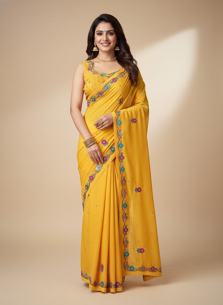Beautiful Yellow Embroidered Saree