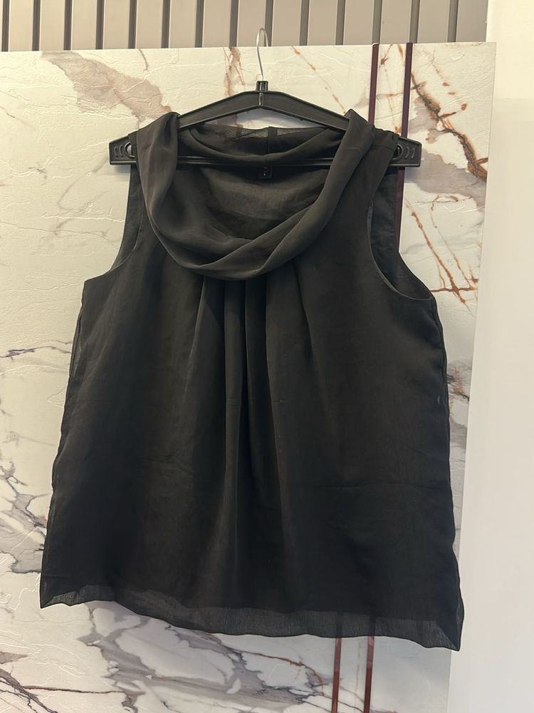 Black Sleeveless Drape Neck Top, Bust- 34