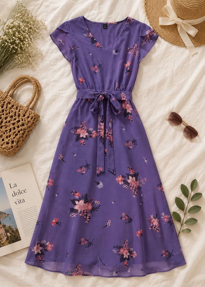 Floral Korean Midi Dress💜✨🌸