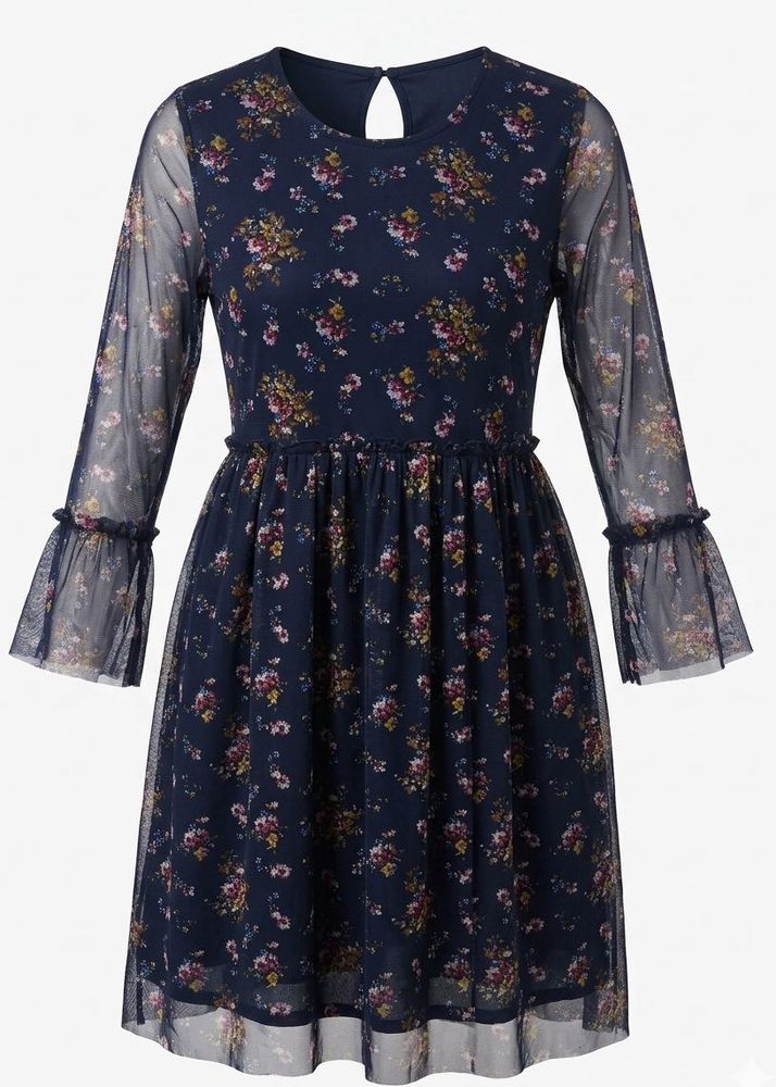 Chic Floral Mesh Sleeve Dress