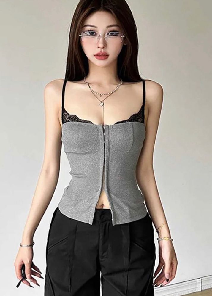 Grey Lace Trim Crop Tank Top with short skirt