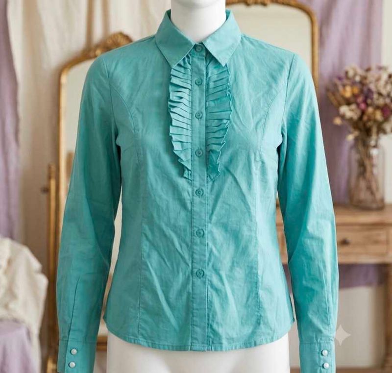 Chic Teal Ruffle Front Button-Up Shirt