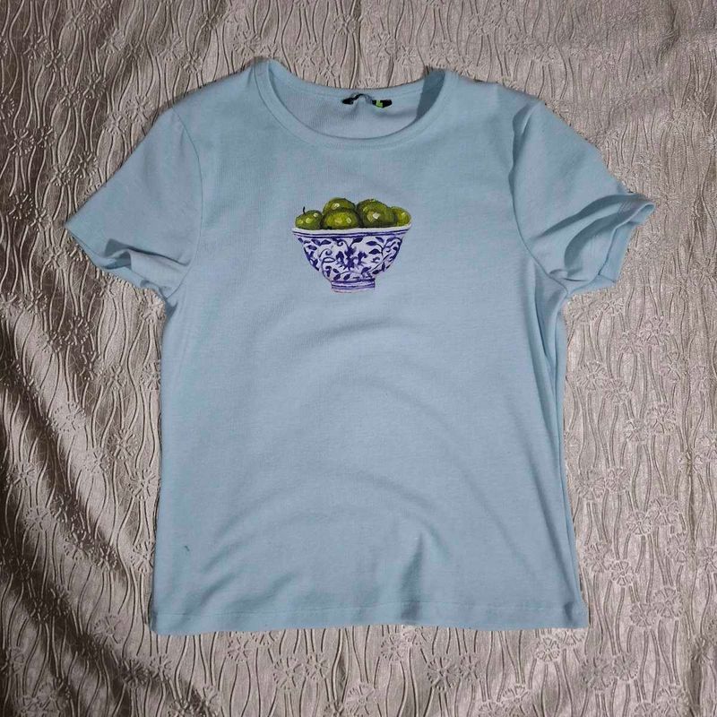 Light Blue T-Shirt with Bowl of Olives Print