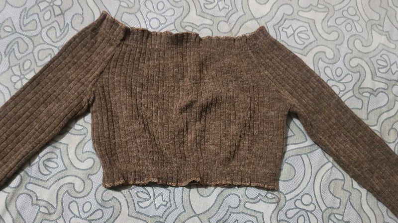 Brown Ribbed Off-Shoulder Crop Top