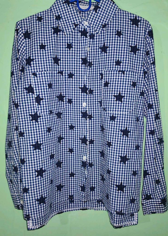 Y2K Blue Gingham Star Print Shirt