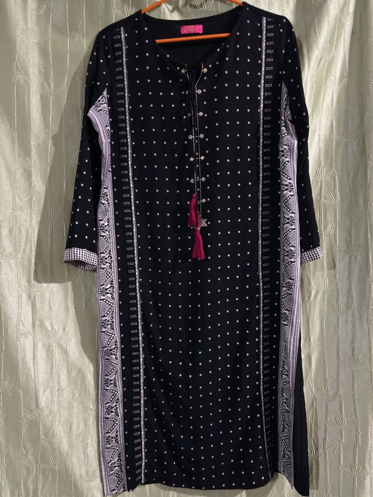 Elegant Black Kurta with White Polka Dots