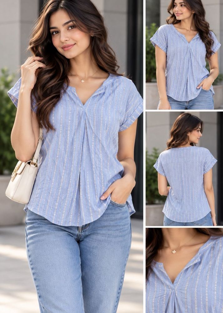 Light Blue Striped V-Neck Top