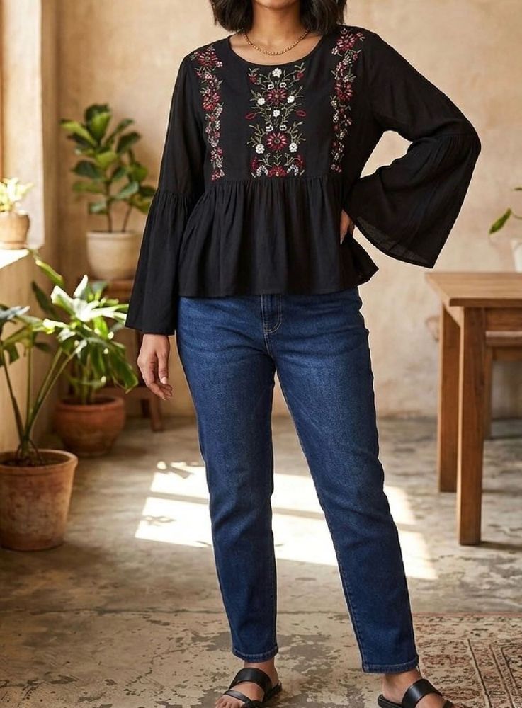 Embroidered Black Bell Sleeve Top